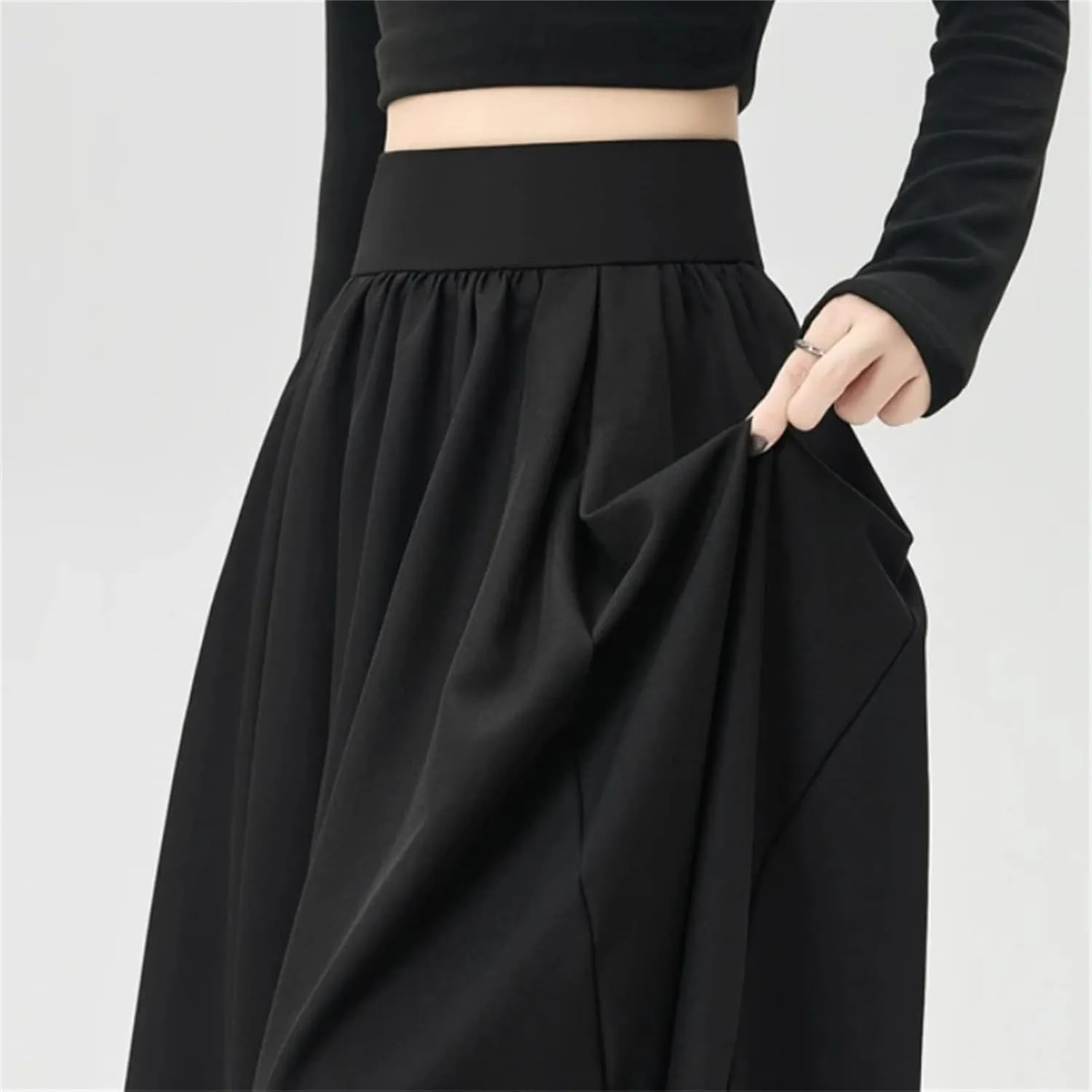 Women's Vintage High Waist Ruffle Pleated Midi Skirt - Office Lady Suit Skirt Elastic Waist for Work Casual