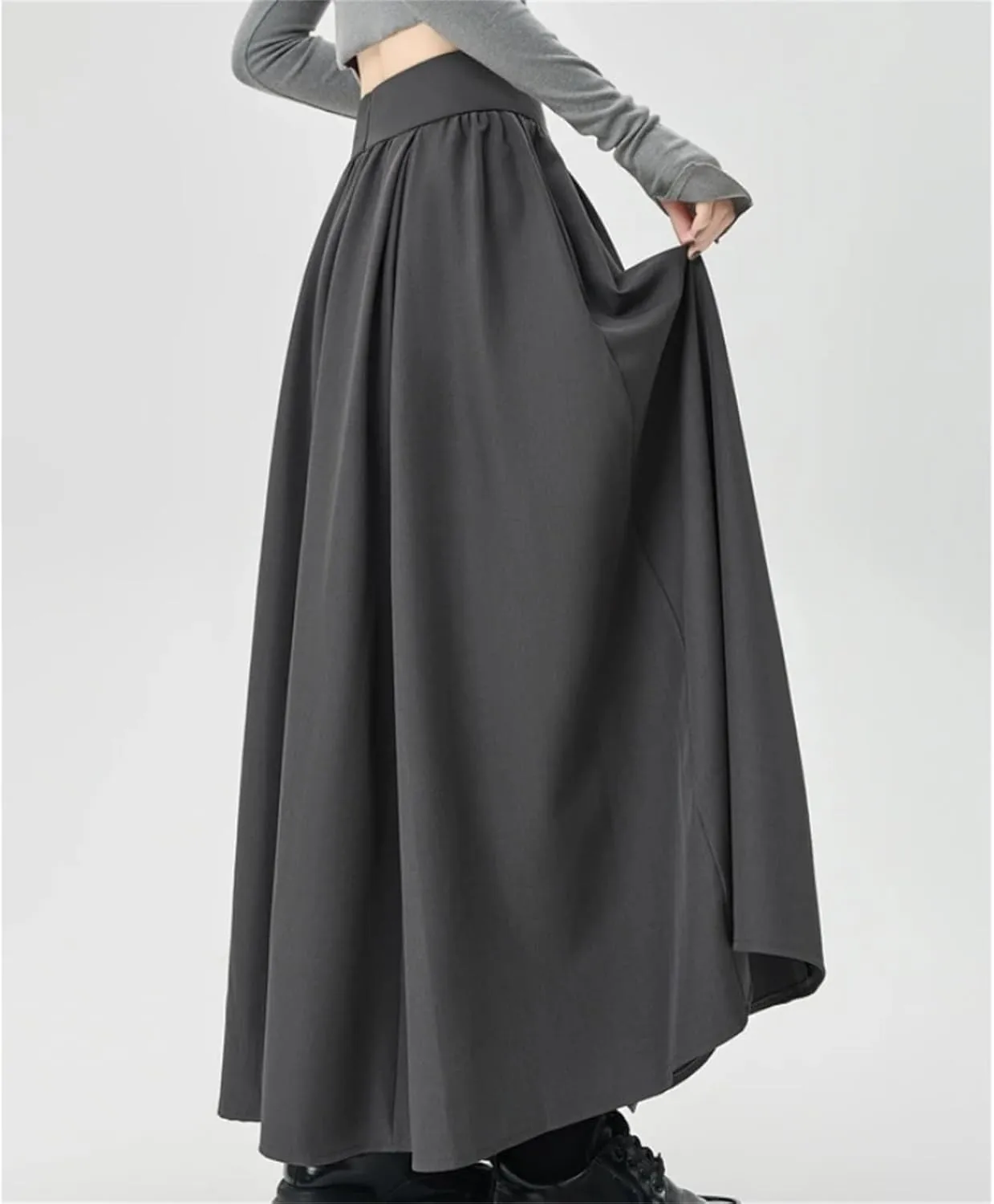 Women's Vintage High Waist Ruffle Pleated Midi Skirt - Office Lady Suit Skirt Elastic Waist for Work Casual