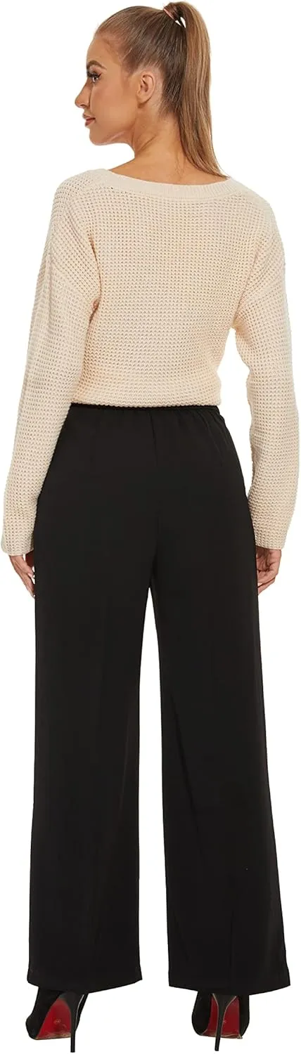 Women's Wide Leg High Waist Wide Leg Pants Loose Fit Back Elastic Waist Pleated Front Trousers for Work Casual