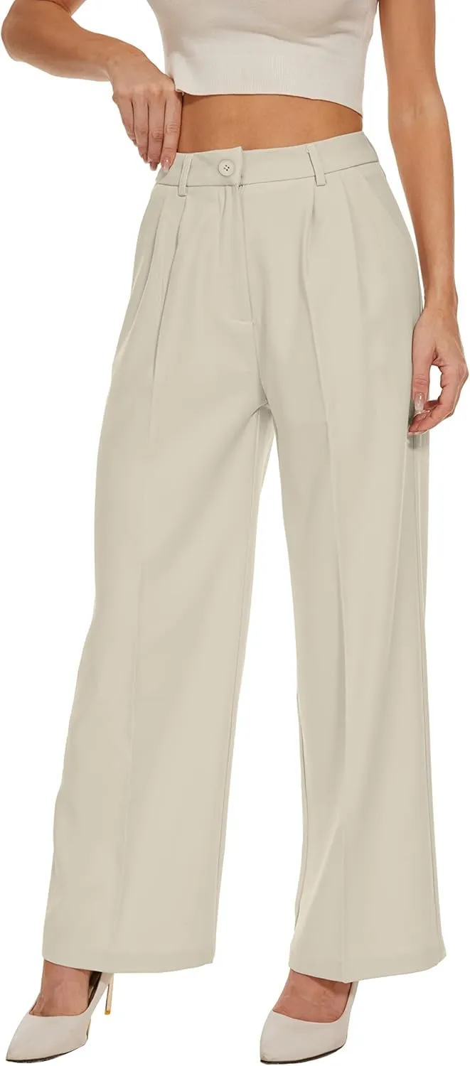 Women's Wide Leg High Waist Wide Leg Pants Loose Fit Back Elastic Waist Pleated Front Trousers for Work Casual