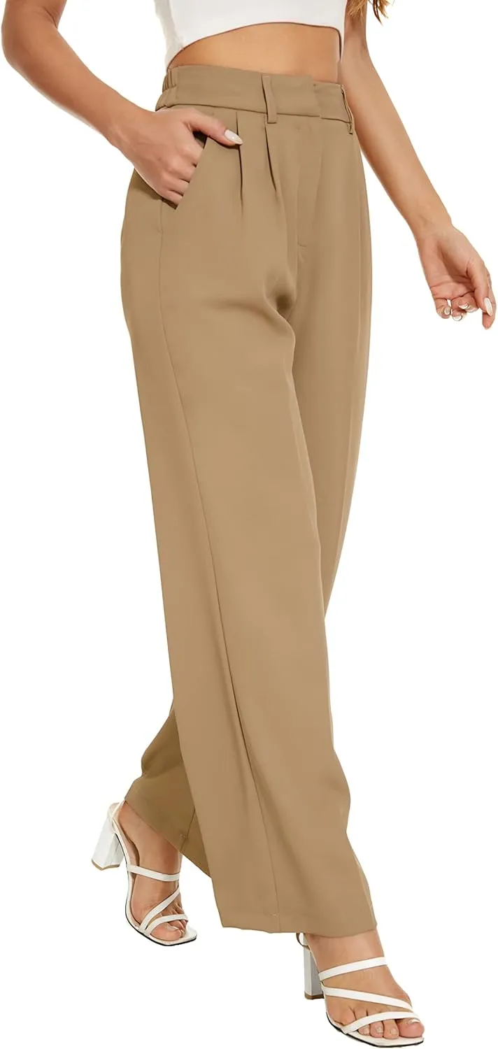 Women's Wide Leg High Waist Wide Leg Pants Loose Fit Back Elastic Waist Pleated Front Trousers for Work Casual