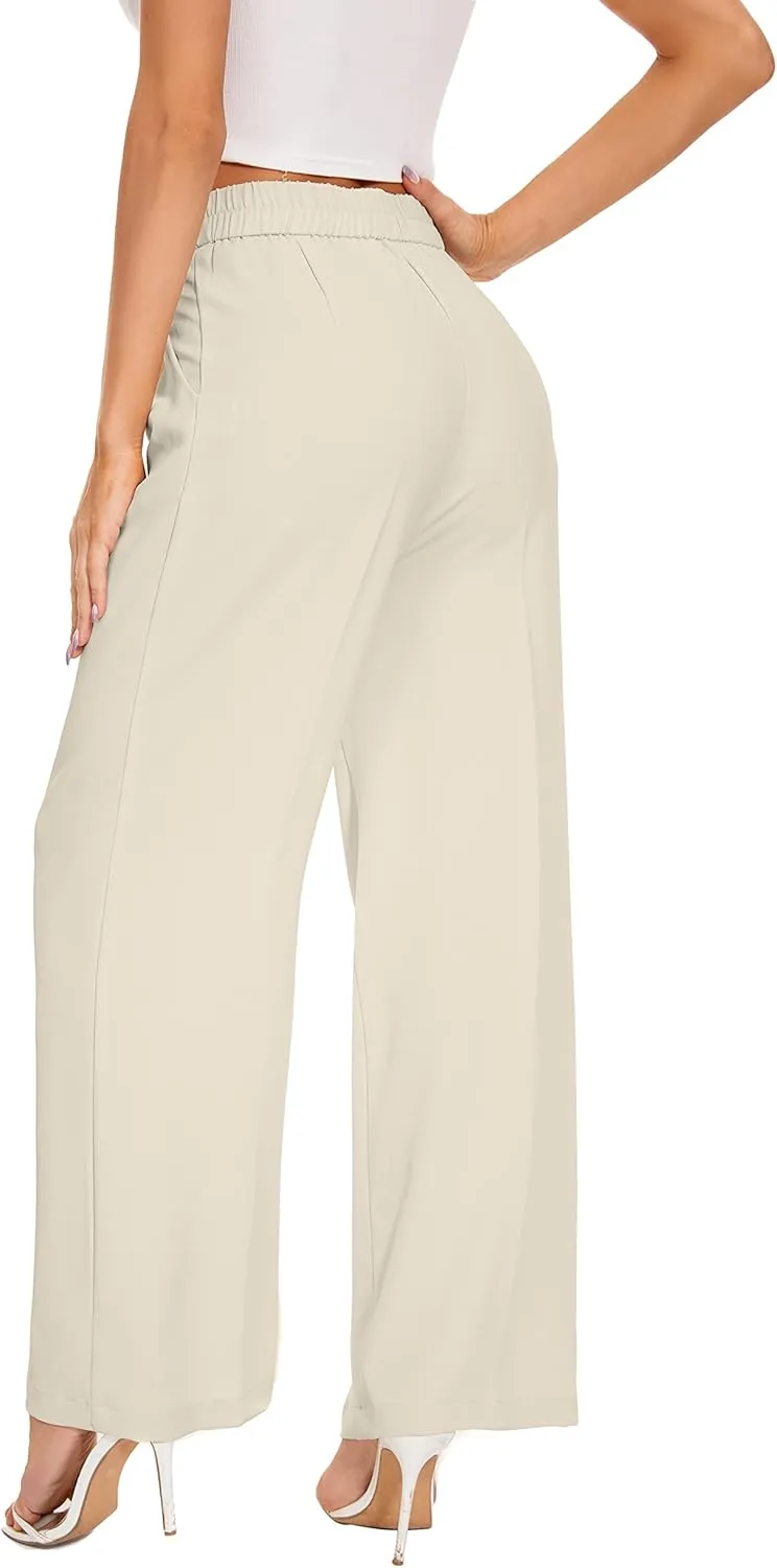 Women's Wide Leg High Waist Wide Leg Pants Loose Fit Back Elastic Waist Pleated Front Trousers for Work Casual