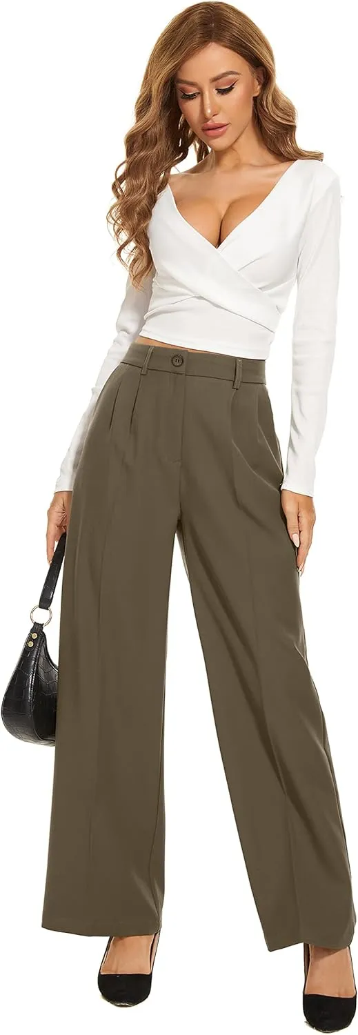 Women's Wide Leg High Waist Wide Leg Pants Loose Fit Back Elastic Waist Pleated Front Trousers for Work Casual