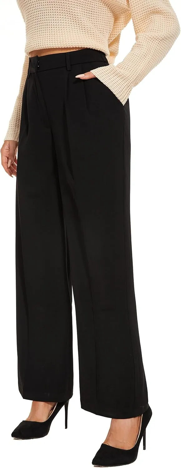 Women's Wide Leg High Waist Wide Leg Pants Loose Fit Back Elastic Waist Pleated Front Trousers for Work Casual
