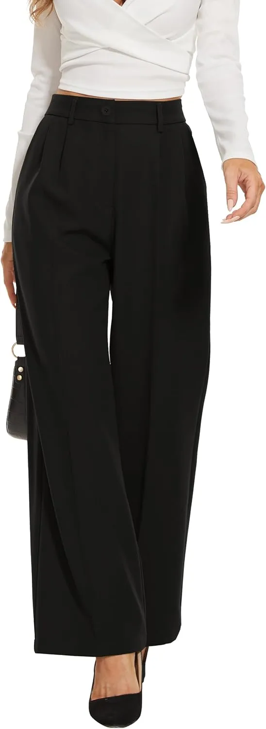 Women's Wide Leg High Waist Wide Leg Pants Loose Fit Back Elastic Waist Pleated Front Trousers for Work Casual