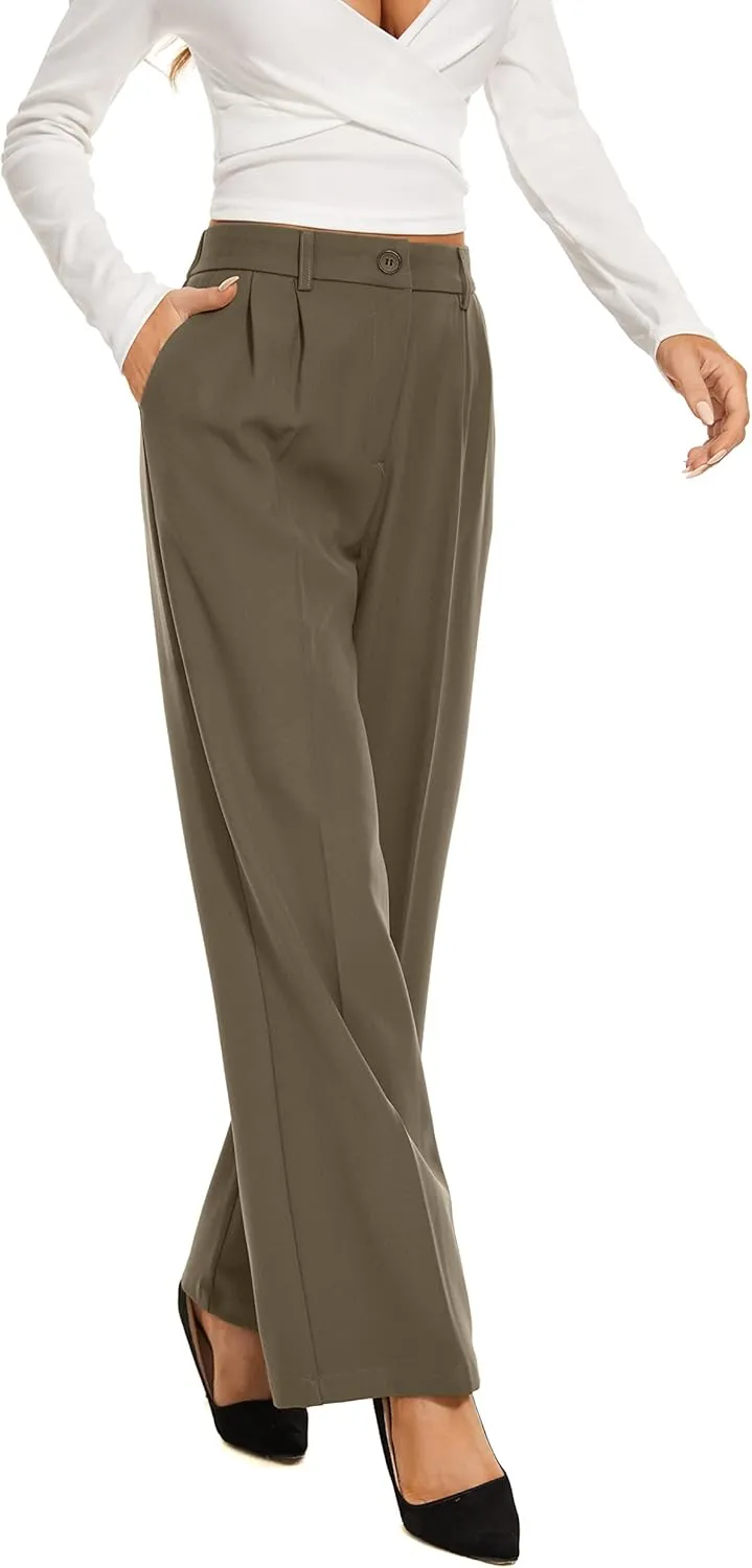 Women's Wide Leg High Waist Wide Leg Pants Loose Fit Back Elastic Waist Pleated Front Trousers for Work Casual