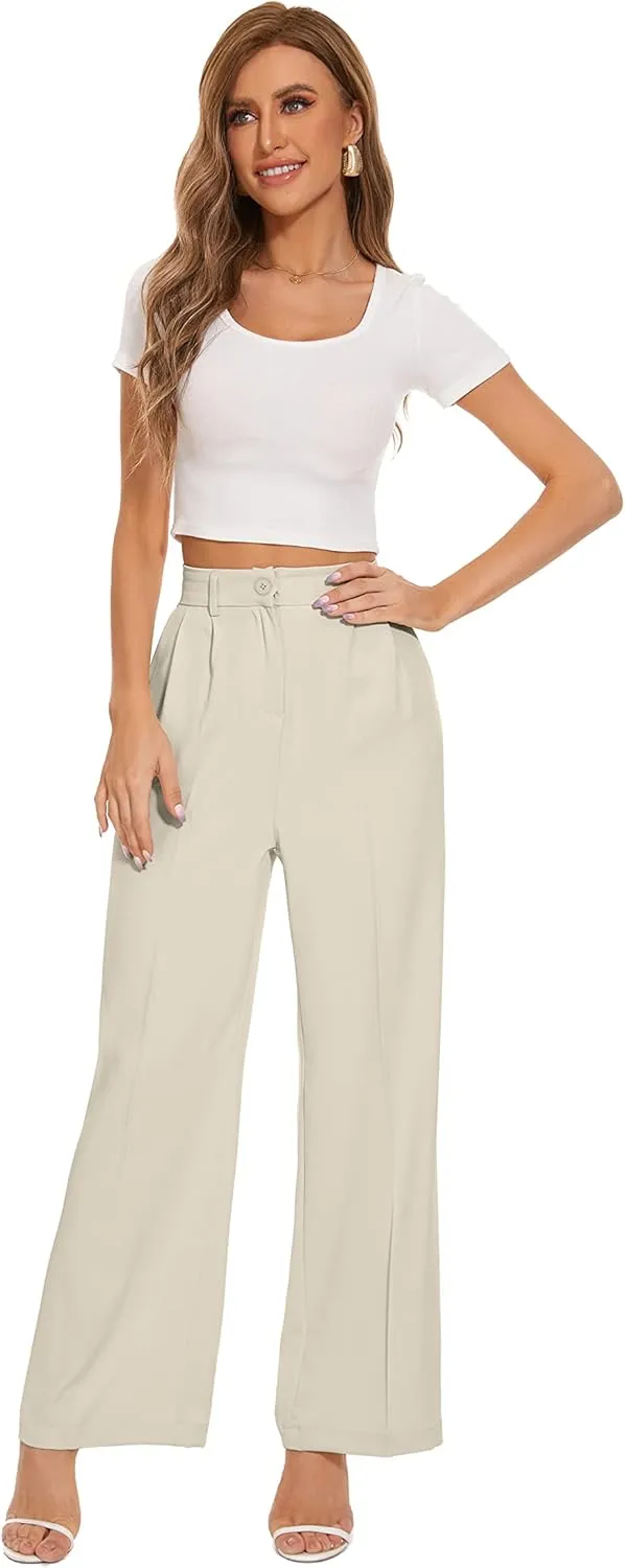 Women's Wide Leg High Waist Wide Leg Pants Loose Fit Back Elastic Waist Pleated Front Trousers for Work Casual