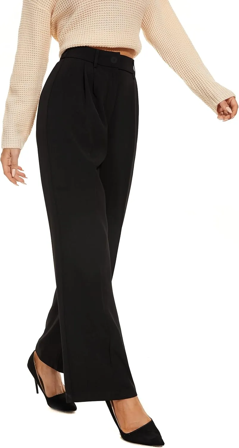 Women's Wide Leg High Waist Wide Leg Pants Loose Fit Back Elastic Waist Pleated Front Trousers for Work Casual