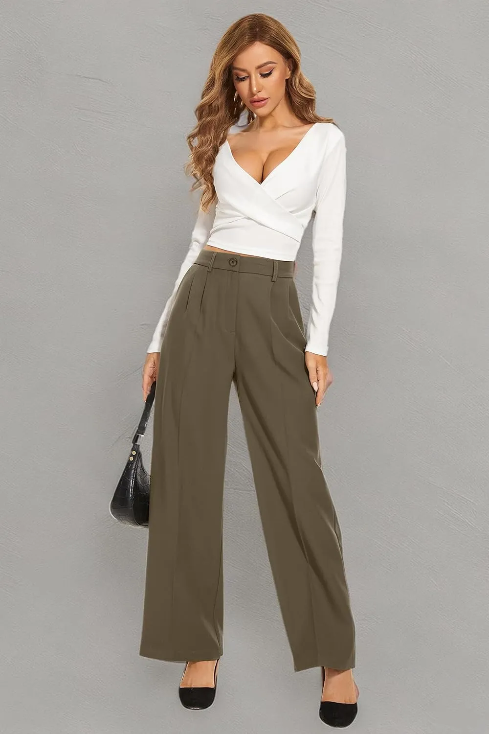 Women's Wide Leg High Waist Wide Leg Pants Loose Fit Back Elastic Waist Pleated Front Trousers for Work Casual