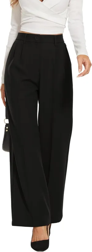 Women's Wide Leg High Waist Wide Leg Pants Loose Fit Back Elastic Waist Pleated Front Trousers for Work Casual