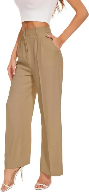 Women's Wide Leg High Waist Wide Leg Pants Loose Fit Back Elastic Waist Pleated Front Trousers for Work Casual