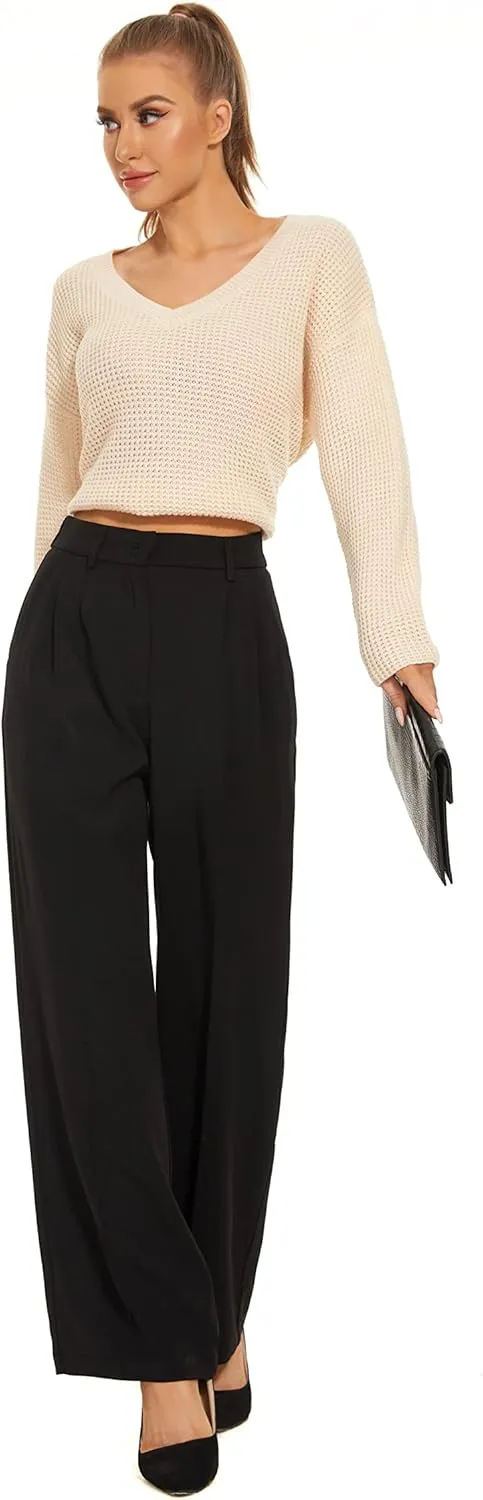 Women's Wide Leg High Waist Wide Leg Pants Loose Fit Back Elastic Waist Pleated Front Trousers for Work Casual