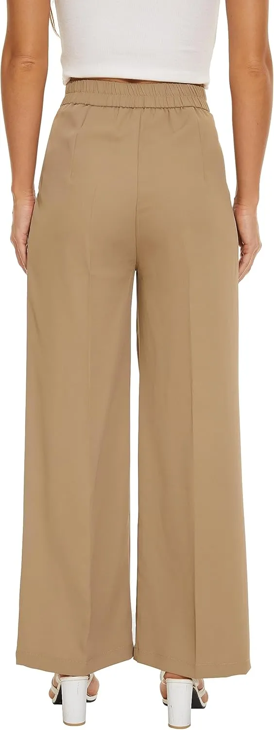 Women's Wide Leg High Waist Wide Leg Pants Loose Fit Back Elastic Waist Pleated Front Trousers for Work Casual