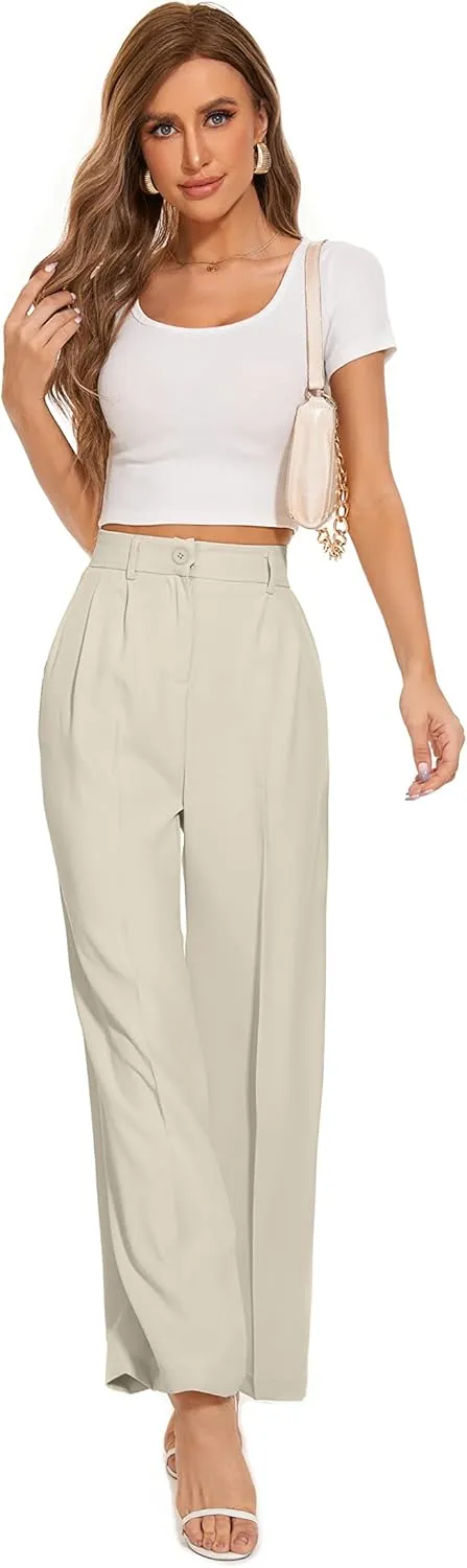 Women's Wide Leg High Waist Wide Leg Pants Loose Fit Back Elastic Waist Pleated Front Trousers for Work Casual