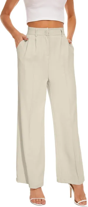 Women's Wide Leg High Waist Wide Leg Pants Loose Fit Back Elastic Waist Pleated Front Trousers for Work Casual