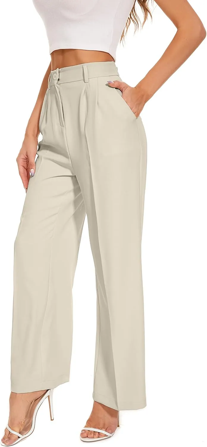 Women's Wide Leg High Waist Wide Leg Pants Loose Fit Back Elastic Waist Pleated Front Trousers for Work Casual