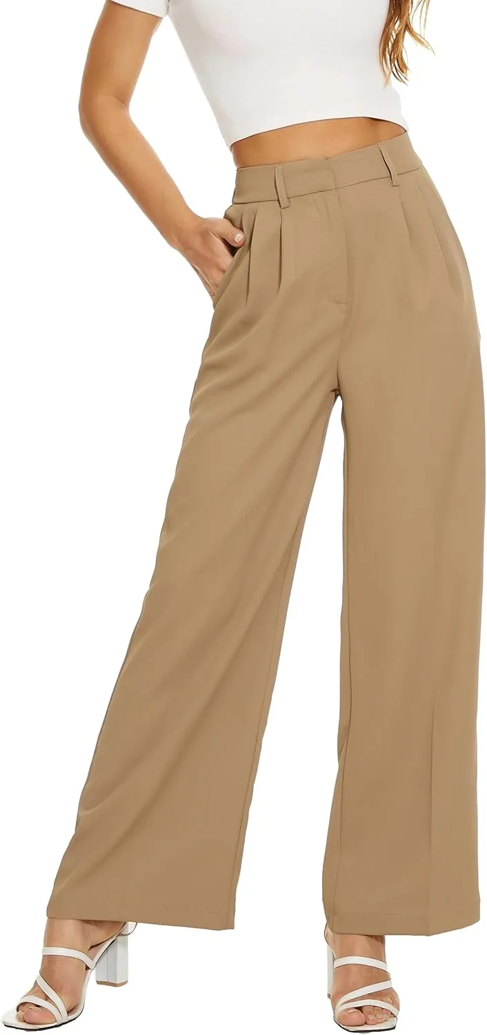 Women's Wide Leg High Waist Wide Leg Pants Loose Fit Back Elastic Waist Pleated Front Trousers for Work Casual