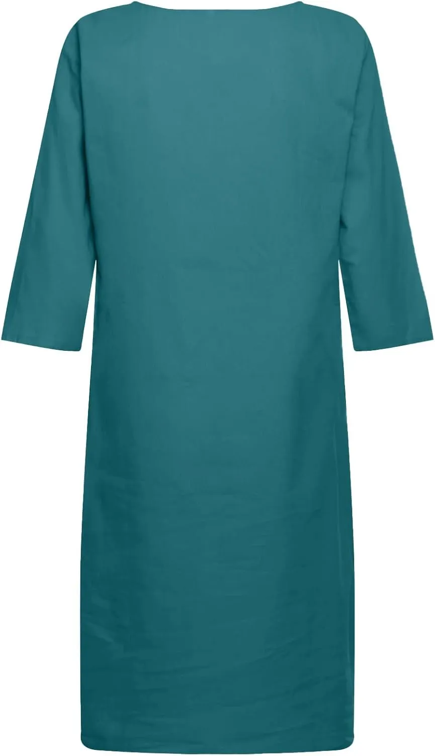 XUNRYAN Summer Linen Dresses Women 2023 Trendy Casual V Neck Half Sleeve Knee Length Dress Mature Ladies Fashion Clothing