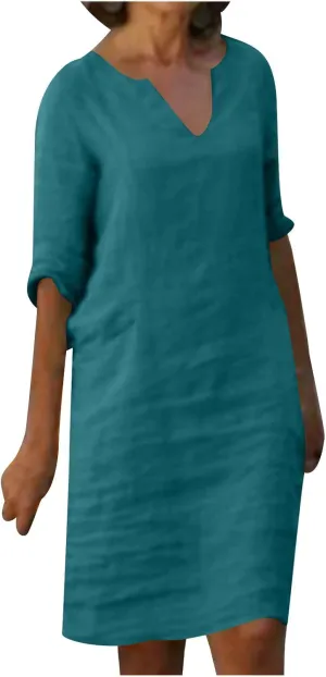 XUNRYAN Summer Linen Dresses Women 2023 Trendy Casual V Neck Half Sleeve Knee Length Dress Mature Ladies Fashion Clothing