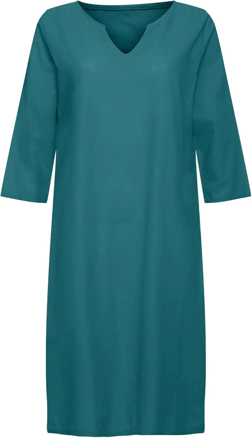 XUNRYAN Summer Linen Dresses Women 2023 Trendy Casual V Neck Half Sleeve Knee Length Dress Mature Ladies Fashion Clothing