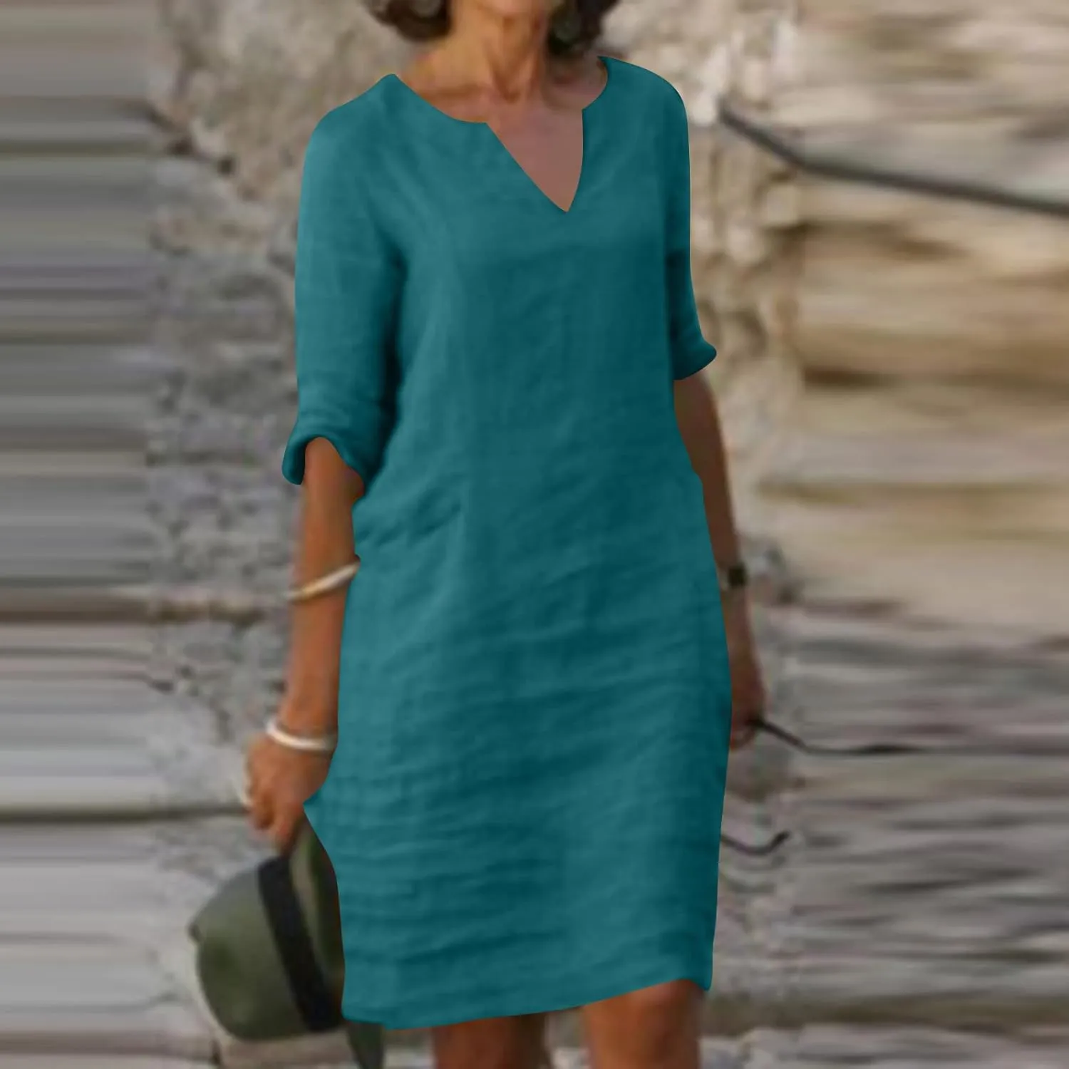 XUNRYAN Summer Linen Dresses Women 2023 Trendy Casual V Neck Half Sleeve Knee Length Dress Mature Ladies Fashion Clothing