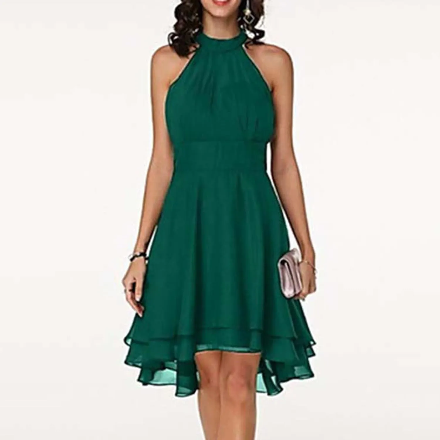 XUNRYAN Women's Classy Halter Neck Chiffon Dress Sexy Cutout Backless High Low Hem Layered Ruffle Formal Cocktail Mini Dress