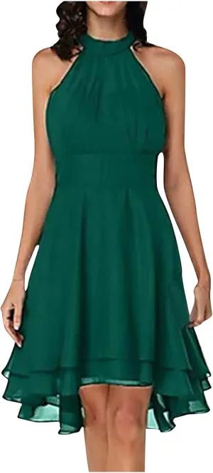 XUNRYAN Women's Classy Halter Neck Chiffon Dress Sexy Cutout Backless High Low Hem Layered Ruffle Formal Cocktail Mini Dress