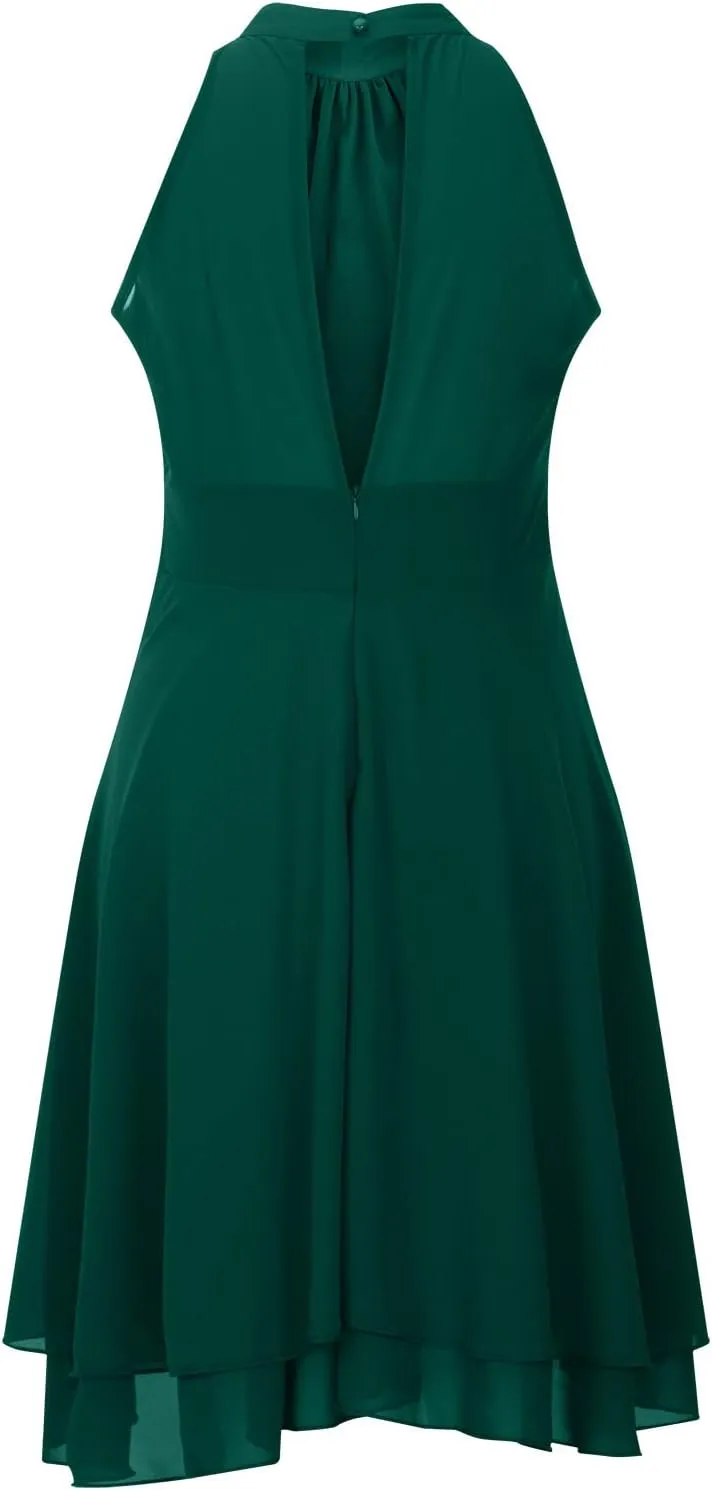 XUNRYAN Women's Classy Halter Neck Chiffon Dress Sexy Cutout Backless High Low Hem Layered Ruffle Formal Cocktail Mini Dress