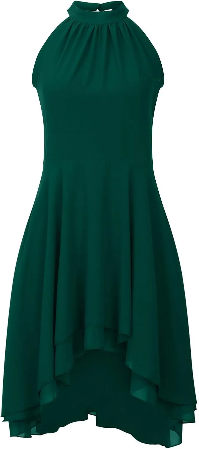 XUNRYAN Women's Classy Halter Neck Chiffon Dress Sexy Cutout Backless High Low Hem Layered Ruffle Formal Cocktail Mini Dress