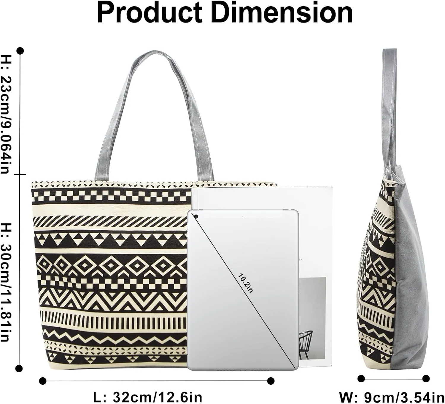 YAMEIZE Large Canvas Tote Bag for Women Work Casual Big Shoulder Handbags Zipper Inner Pocket Bohemia Travel Shopping Bags