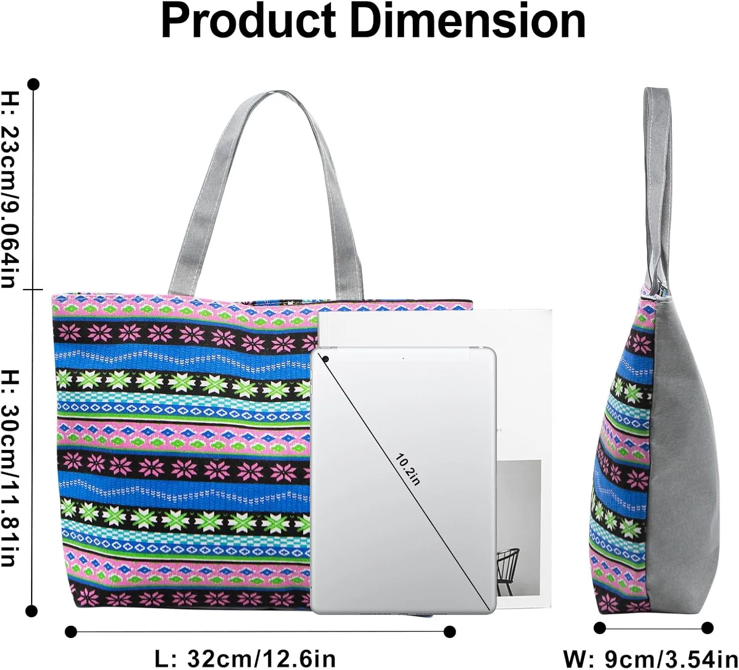 YAMEIZE Large Canvas Tote Bag for Women Work Casual Big Shoulder Handbags Zipper Inner Pocket Bohemia Travel Shopping Bags
