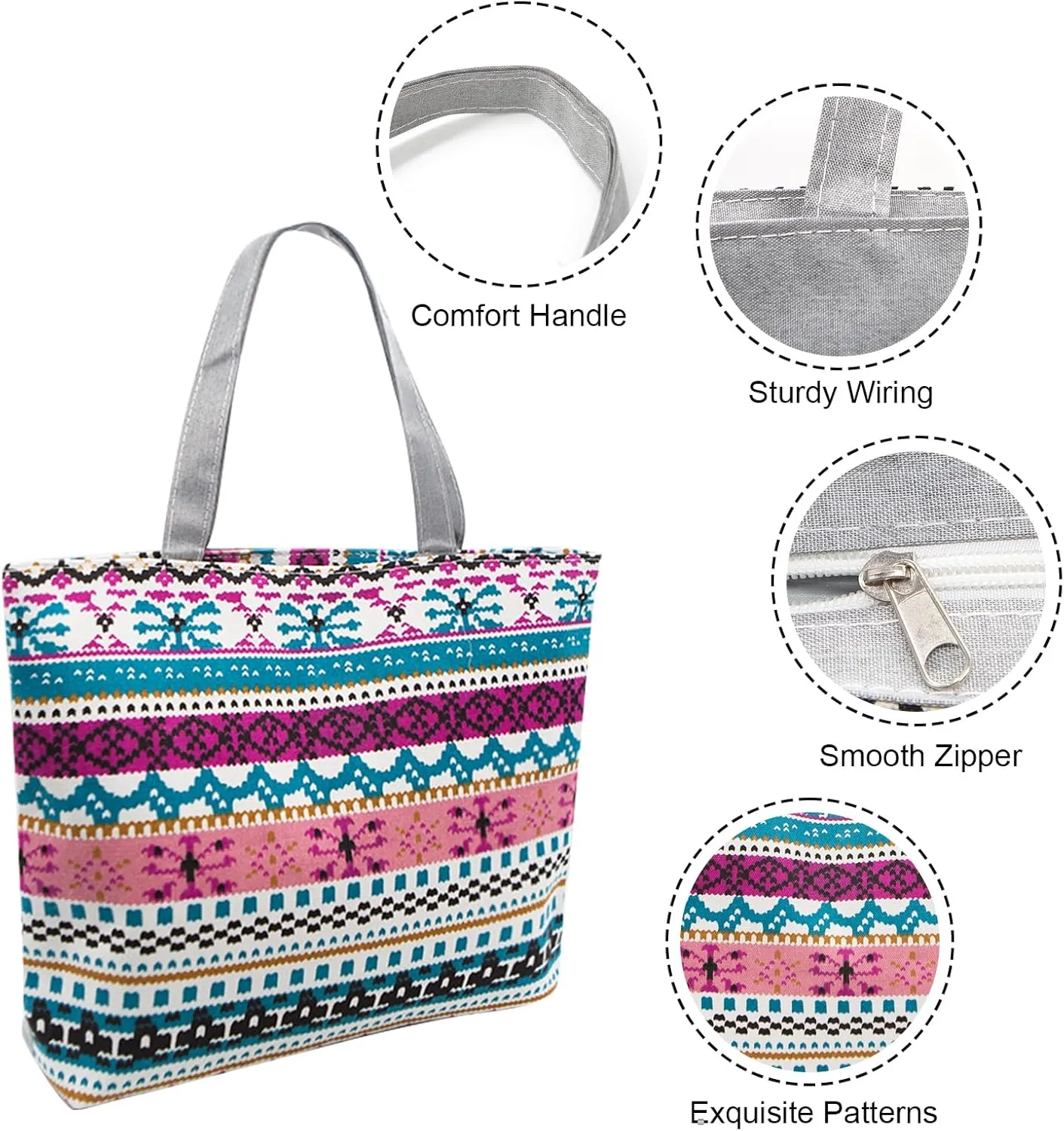 YAMEIZE Large Canvas Tote Bag for Women Work Casual Big Shoulder Handbags Zipper Inner Pocket Bohemia Travel Shopping Bags