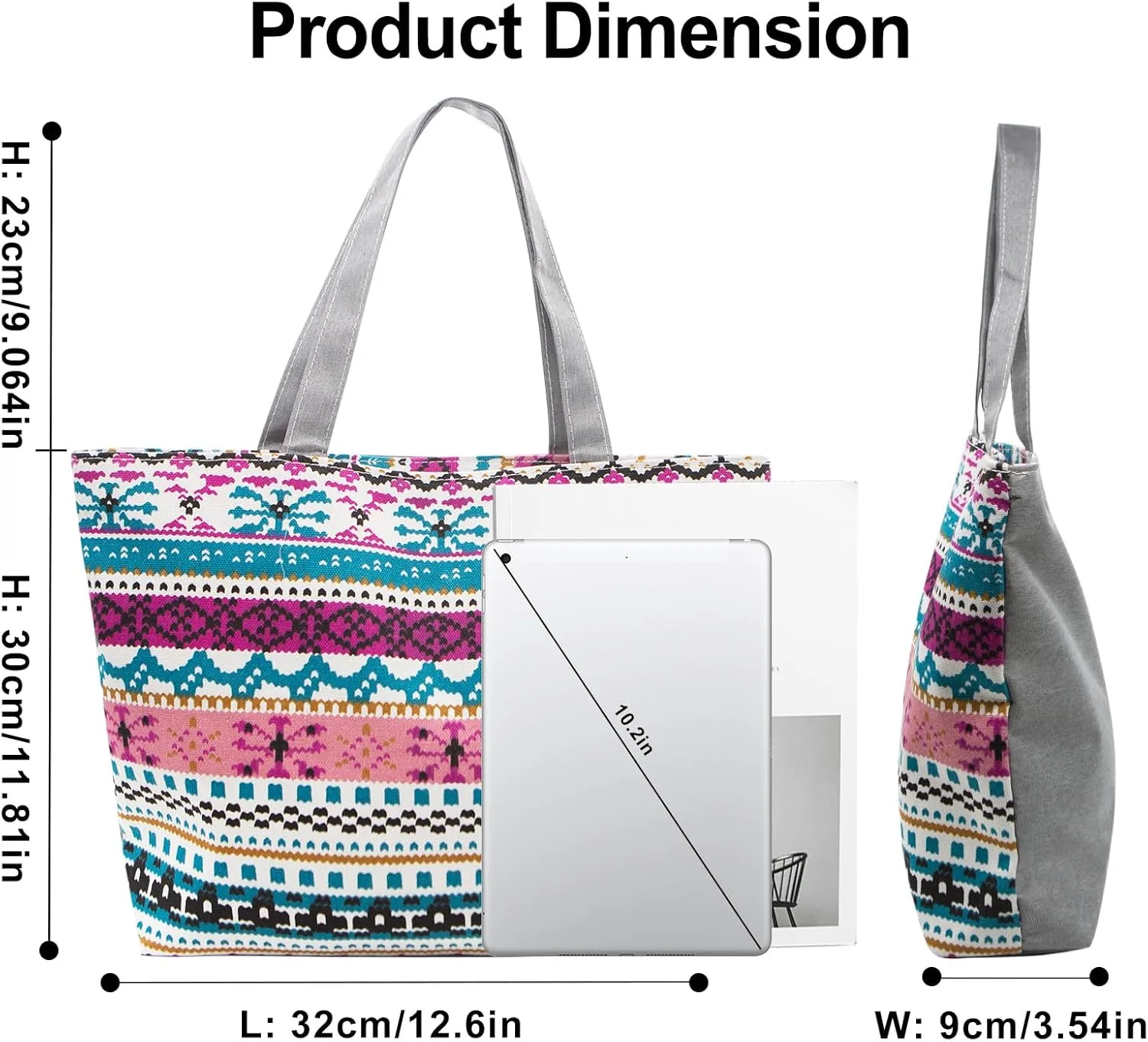YAMEIZE Large Canvas Tote Bag for Women Work Casual Big Shoulder Handbags Zipper Inner Pocket Bohemia Travel Shopping Bags