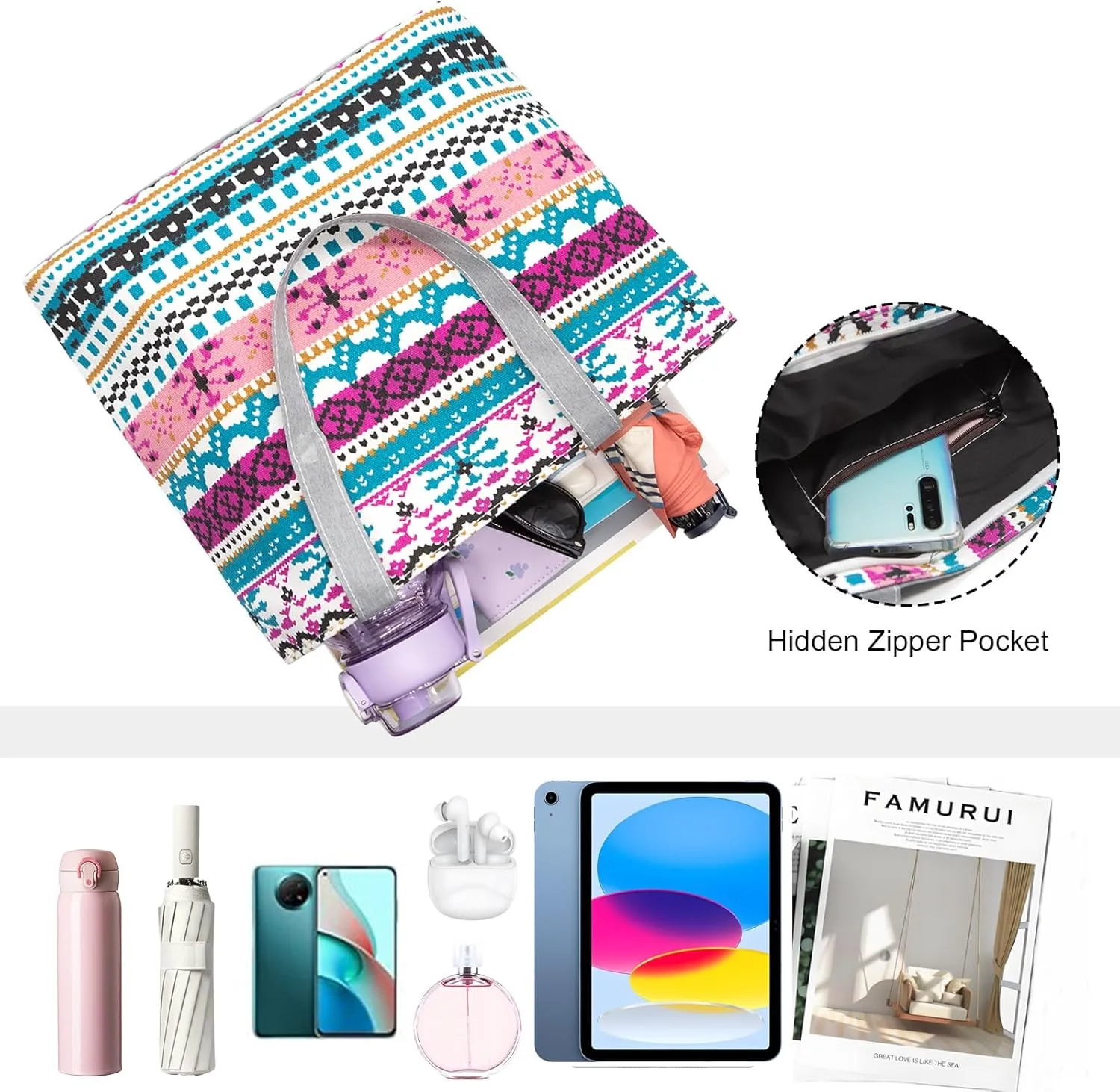 YAMEIZE Large Canvas Tote Bag for Women Work Casual Big Shoulder Handbags Zipper Inner Pocket Bohemia Travel Shopping Bags