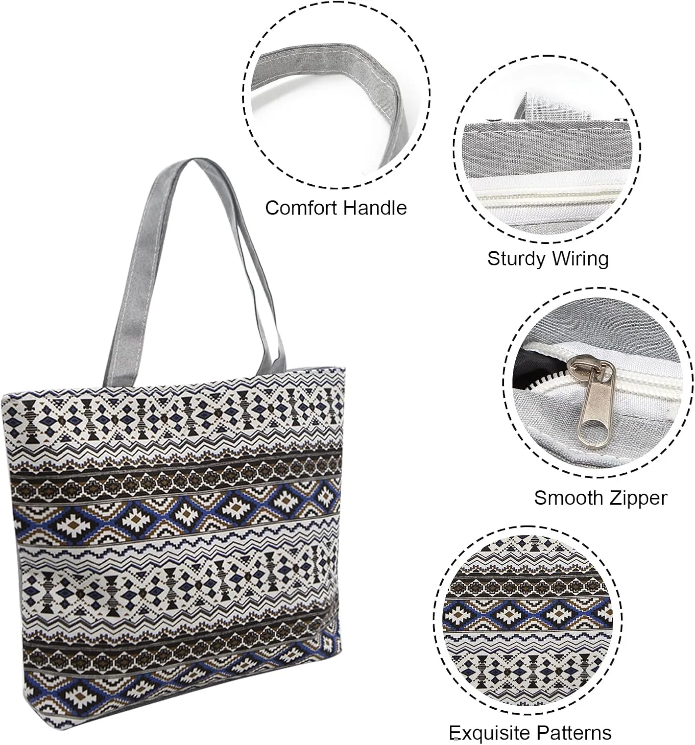YAMEIZE Large Canvas Tote Bag for Women Work Casual Big Shoulder Handbags Zipper Inner Pocket Bohemia Travel Shopping Bags