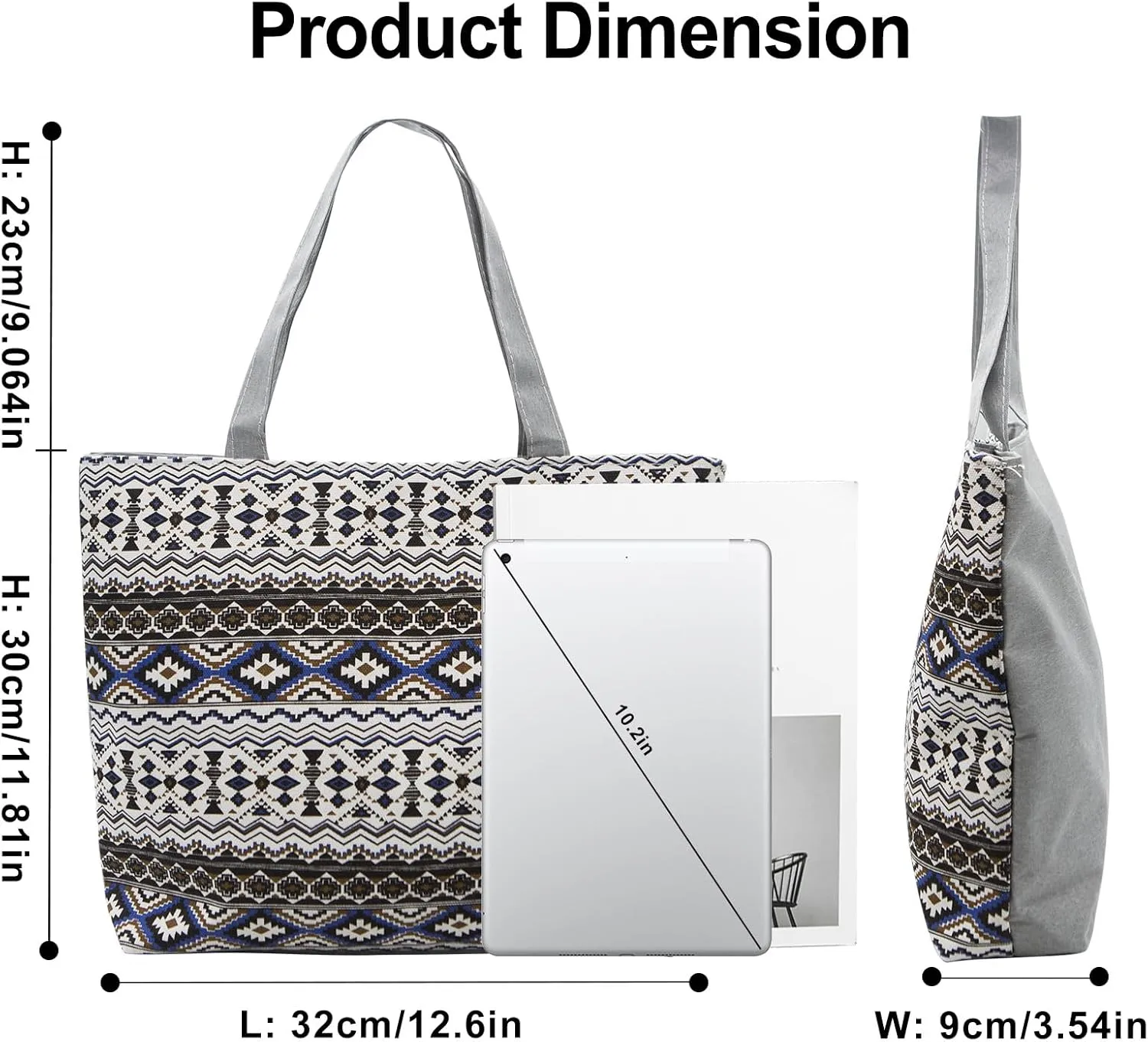 YAMEIZE Large Canvas Tote Bag for Women Work Casual Big Shoulder Handbags Zipper Inner Pocket Bohemia Travel Shopping Bags
