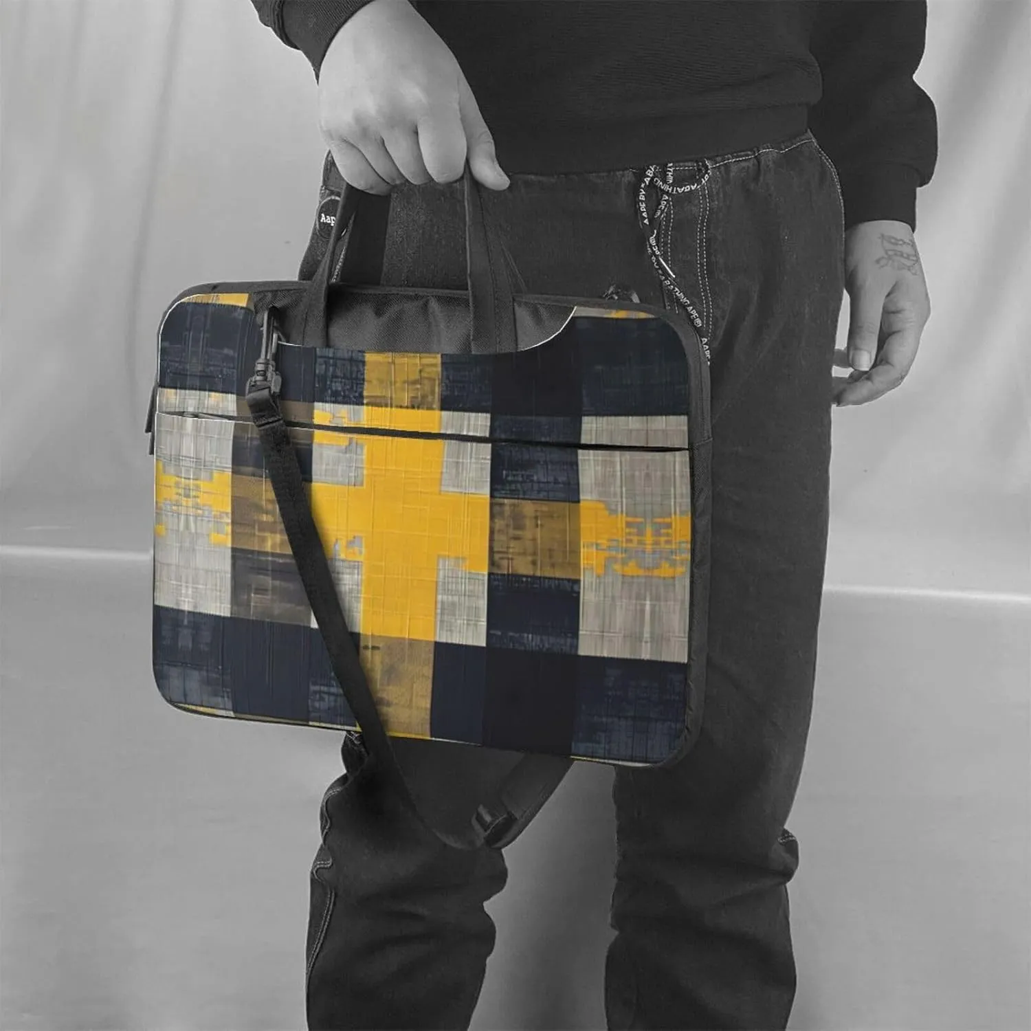 Yellow Gray Black Plaid Print Work Casual Office Laptop Shoulder Messenger Bag 13 inch 14 inch 15.6 inch