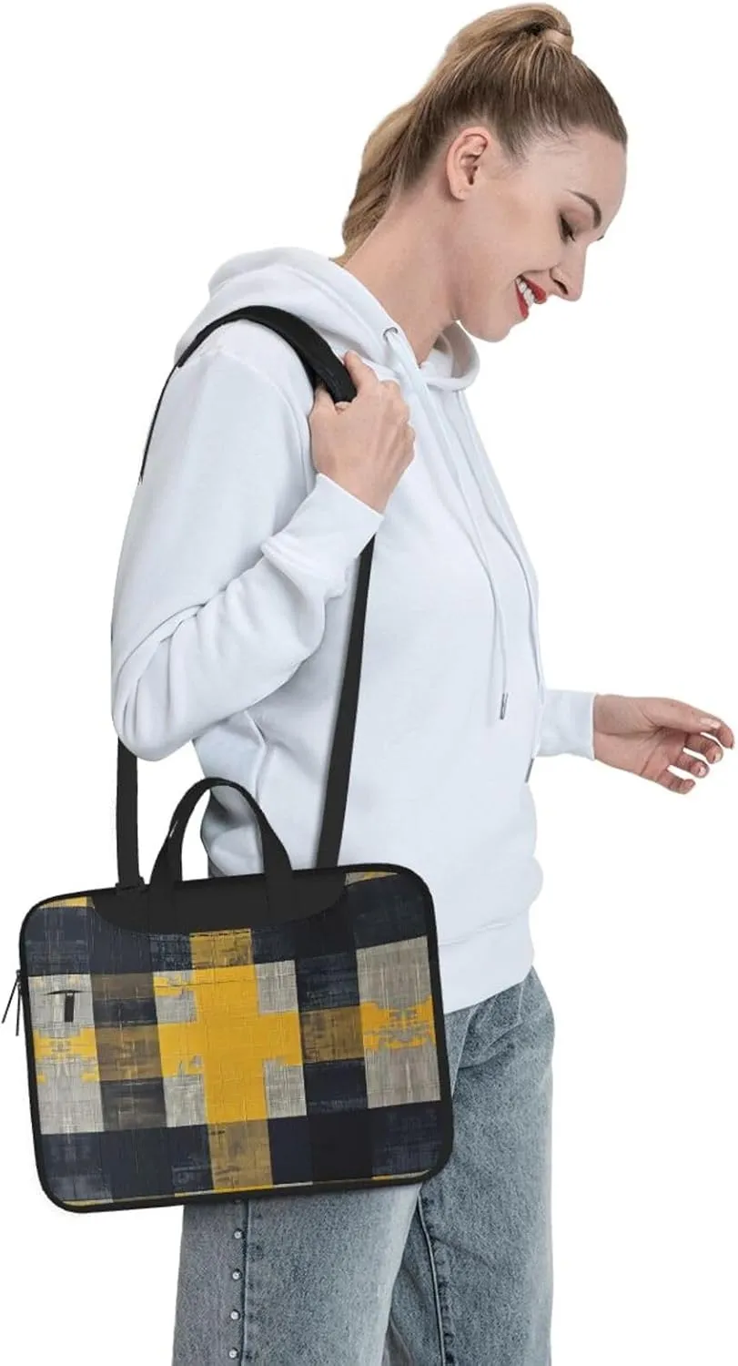 Yellow Gray Black Plaid Print Work Casual Office Laptop Shoulder Messenger Bag 13 inch 14 inch 15.6 inch