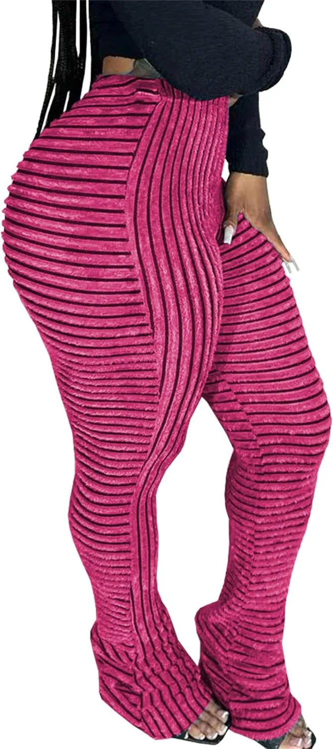 YOOTIKO Women Stacked Pants Flare Sweatpants High Waisted Striped Fuzzy Lounge Butt Lifting Leggings