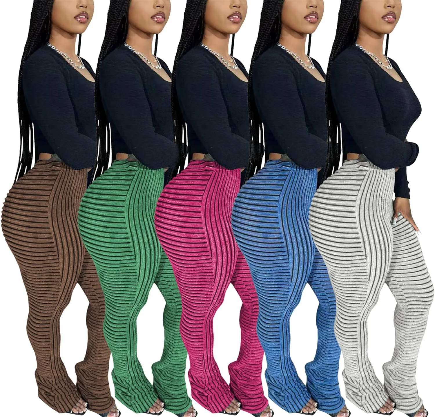 YOOTIKO Women Stacked Pants Flare Sweatpants High Waisted Striped Fuzzy Lounge Butt Lifting Leggings