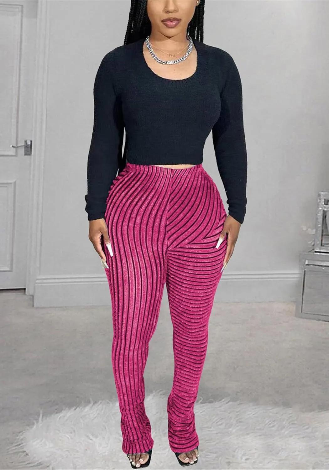 YOOTIKO Women Stacked Pants Flare Sweatpants High Waisted Striped Fuzzy Lounge Butt Lifting Leggings