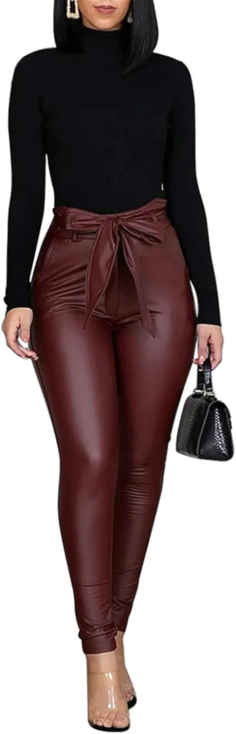 Yuemengxuan Women Sexy PU Leather Pants Ladies High Waist Stretchy Leggings Bow Pencil Skinny Trousers