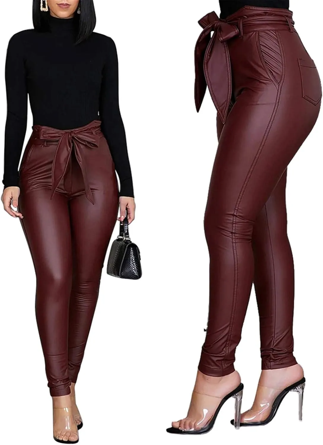 Yuemengxuan Women Sexy PU Leather Pants Ladies High Waist Stretchy Leggings Bow Pencil Skinny Trousers