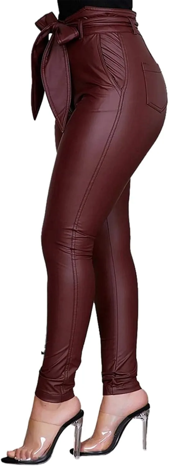 Yuemengxuan Women Sexy PU Leather Pants Ladies High Waist Stretchy Leggings Bow Pencil Skinny Trousers