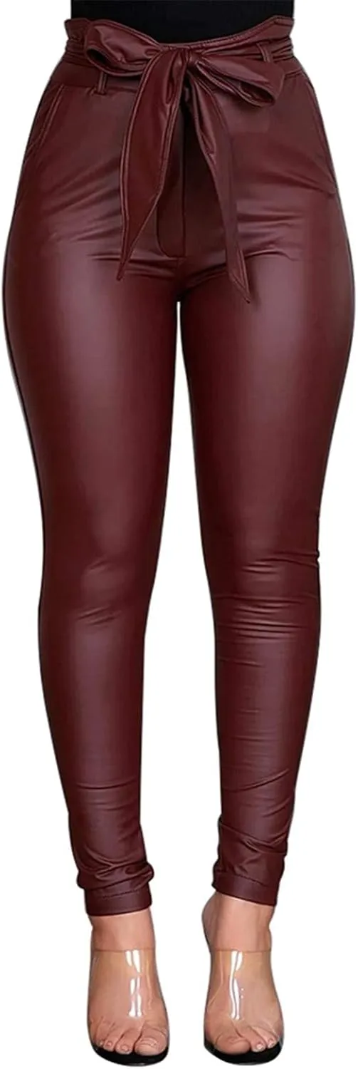 Yuemengxuan Women Sexy PU Leather Pants Ladies High Waist Stretchy Leggings Bow Pencil Skinny Trousers