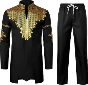 ZEROYAA Men's Africa Suit Long Sleeve Bronzing Print Shirt and Pants Outfit Traditional 2 Piece Set