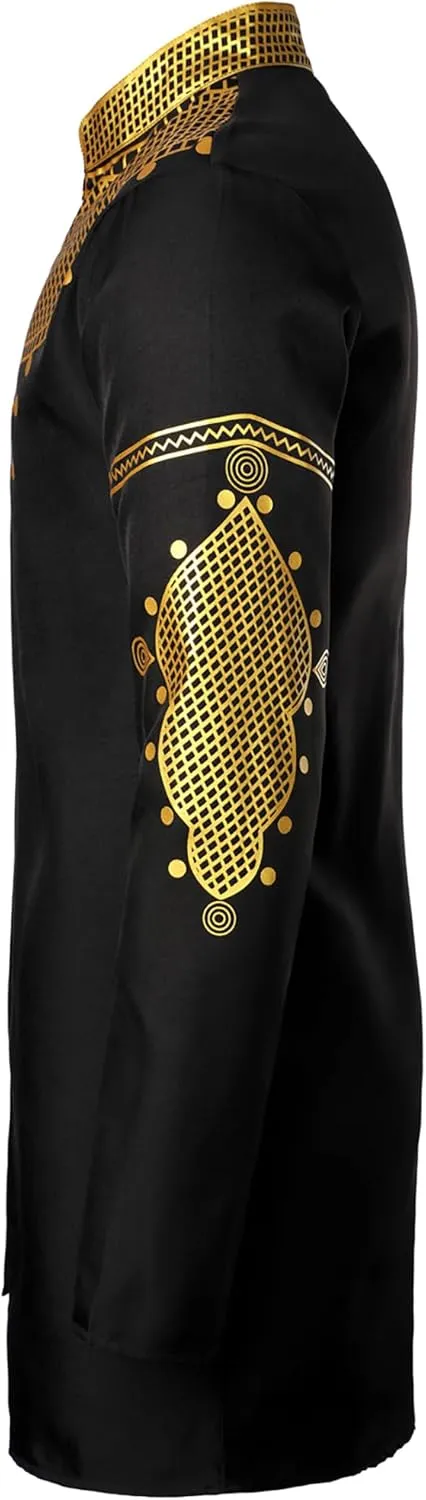 ZEROYAA Men's Africa Suit Long Sleeve Bronzing Print Shirt and Pants Outfit Traditional 2 Piece Set