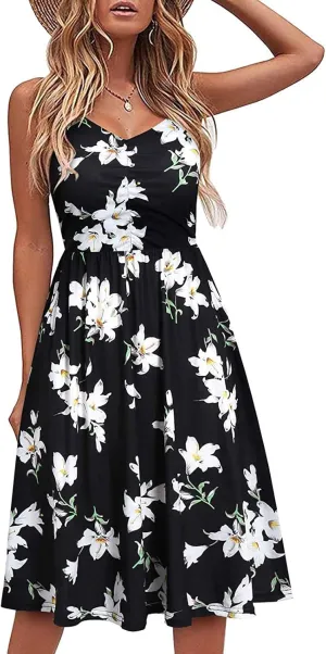 ZWRXW Women Summer Casual Dresses Spaghetti Strap Backless V Neck Sundresses Beach Ruffle A Line Sleeveless Dress