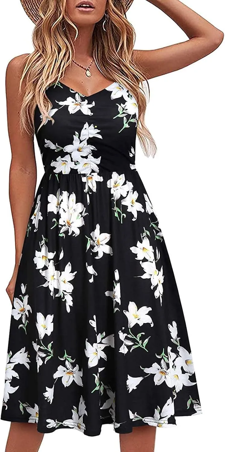 ZWRXW Women Summer Casual Dresses Spaghetti Strap Backless V Neck Sundresses Beach Ruffle A Line Sleeveless Dress