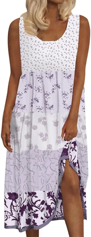 ZYXTIM Bohemian Dress for Women Floral U Neck Sleeveless Smocked Sundresses Plus Size A Line Flowy Beach Long Dresses